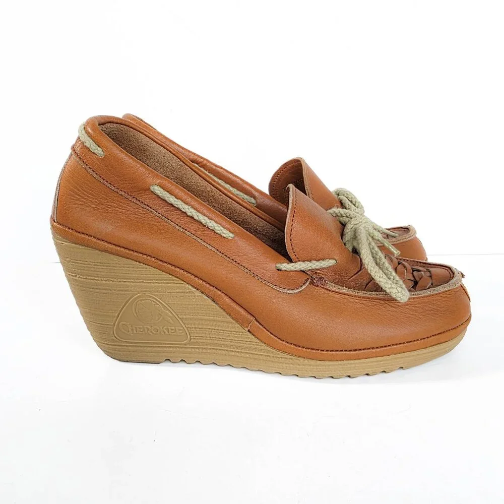 Vintage 70s Cherokee Buckwheat Platform Wedges Caramel Leather‎ Boho Shoes 7.5 N